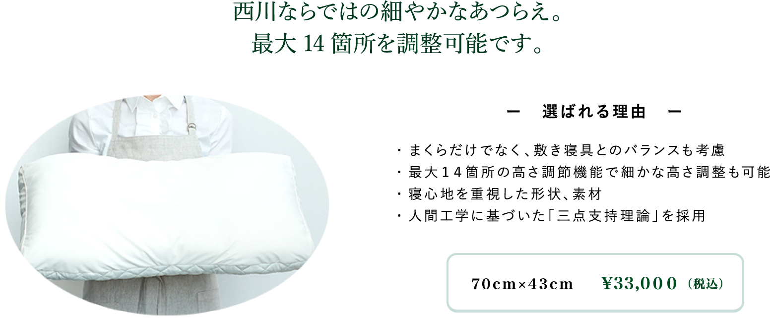 西川ならではの細や かなあつらえ。最大14箇所を調整可能です。ー選ばれる理由ー・まくらだけでなく、敷き寝具とのバランスも考慮・最大14箇所の高さ調節機能で細かな高さ調整も可能・寝心地を重視した形状、素材・人間工学に基づいた「三点支持理論」を採用